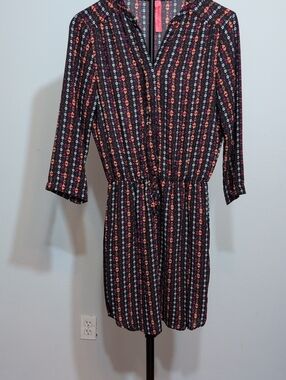 Eight Sixty Black Mini Dress with Coral and White Stripe Print